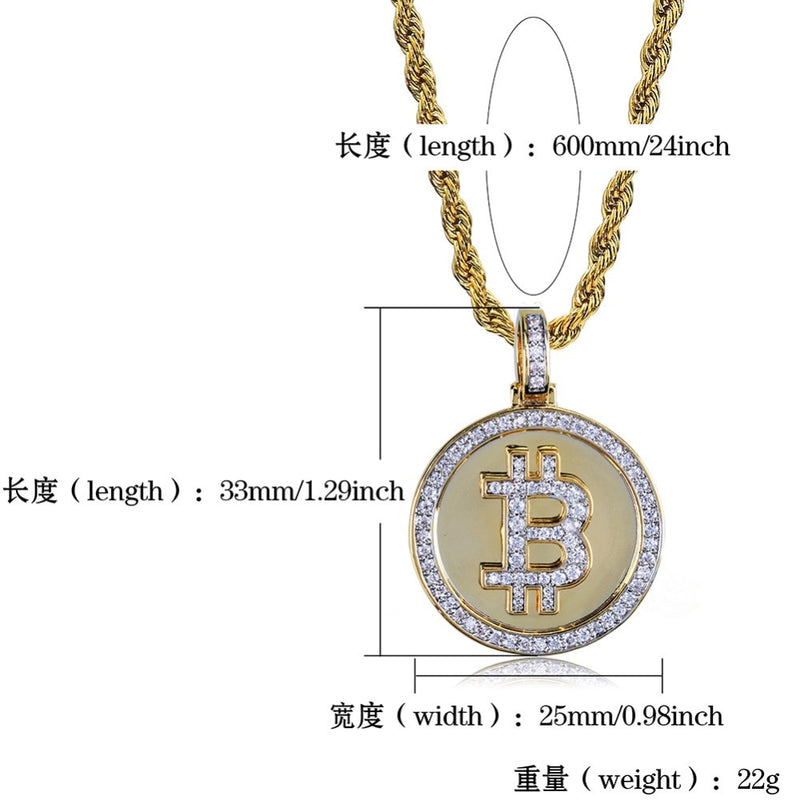 TOPGRILLZ Hip Hop Gold Color Color Plated Iced Out Micro Pave Zirconia Round Bitcoin Pendant Necklace For Men Three Chains