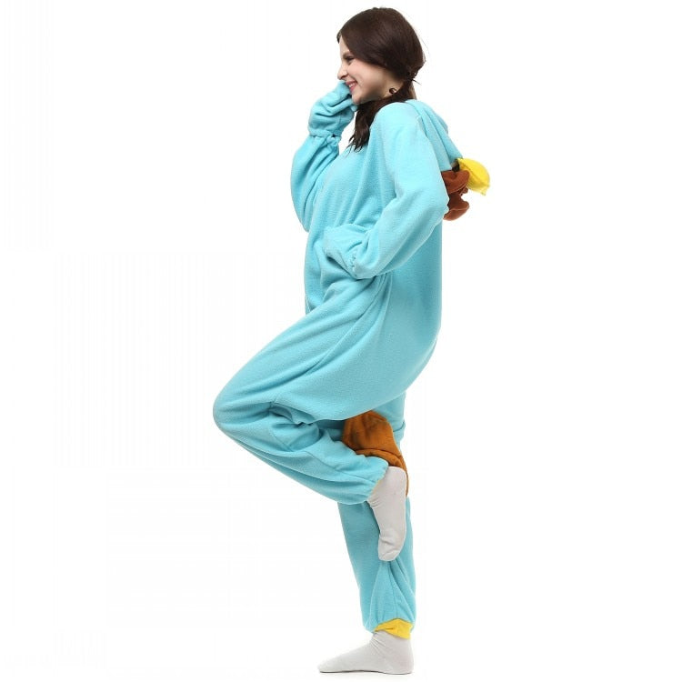 Unisex Perry the Platypus Costumes Teletubbies Onesies Monster Cosplay Pajamas Adult Pyjamas Animal Sleepwear Jumpsuit