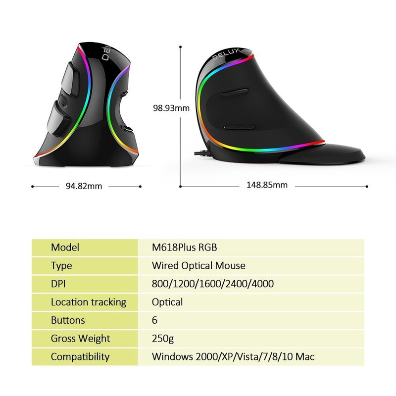 Delux M618Plus RGB Ergonomic Vertical Mouse 6 Buttons 4000 DPI Optical Computer Mouse With Removable Palm Rest For PC Laptop