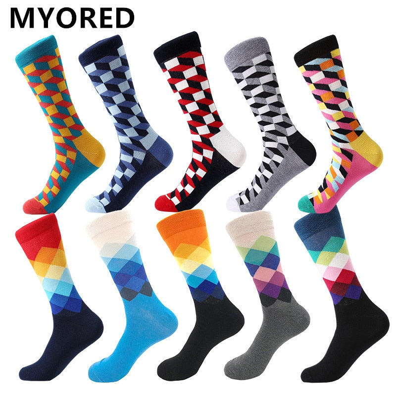 MYORED Herren bunt Freizeitkleid Socken gekämmte Baumwolle gestreift kariert geometrisches Gittermuster Modedesign hohe Qualität