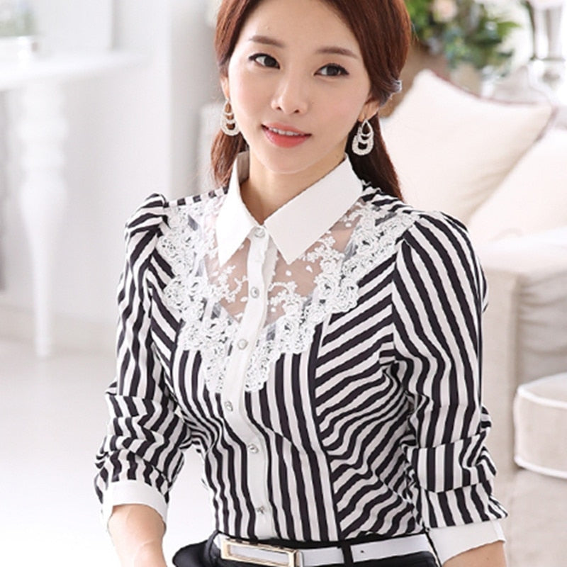 Neue Frauen Spitze Spliced ​​Stickerei OL Blusen Tops Feminine Slim Shirt Korean Fashion Stripe Tops 4XL