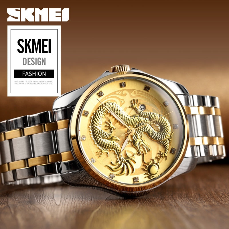 2020 SKMEI lujo dragón chino patrón hombres reloj de cuarzo dorado relojes masculinos relojes de pulsera impermeables Relogio Masculino 9193