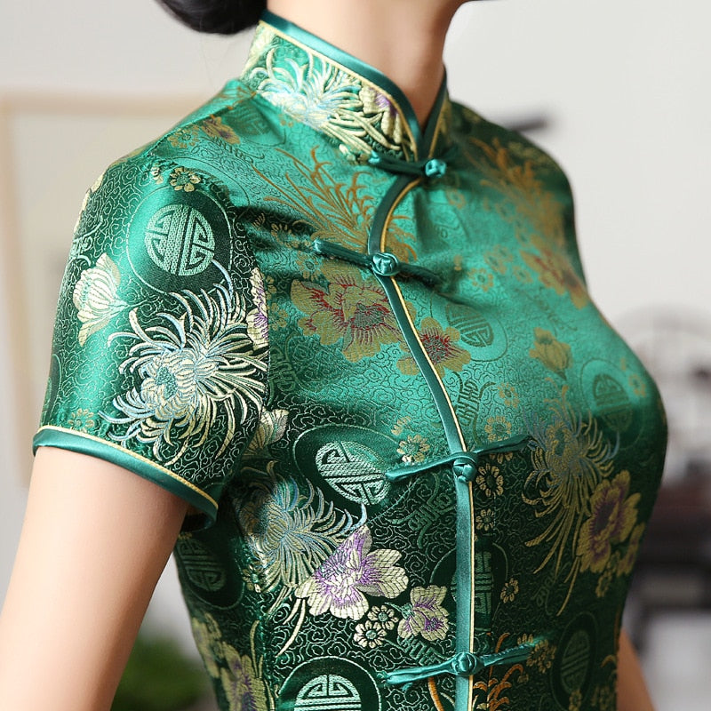 2021 nuevo Cheongsam de rayón verde de alta moda chino clásico Qipao de mujer elegante de manga corta novedad vestido largo S-3XL C0136-D