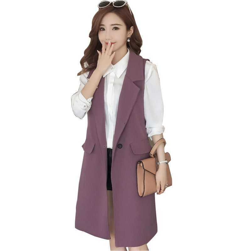 2022 New Spring Elegant Purple Women's Vest Office Lady Korean Long Sleeveless Jacket Fashion Slim Black Female Coat Veste Femme