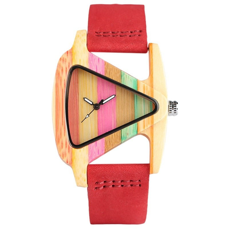 Reloj de madera colorido único, Reloj creativo con forma de triángulo, Reloj de hora para Mujer, pulsera de cuero de cuarzo, Reloj de pulsera para Mujer