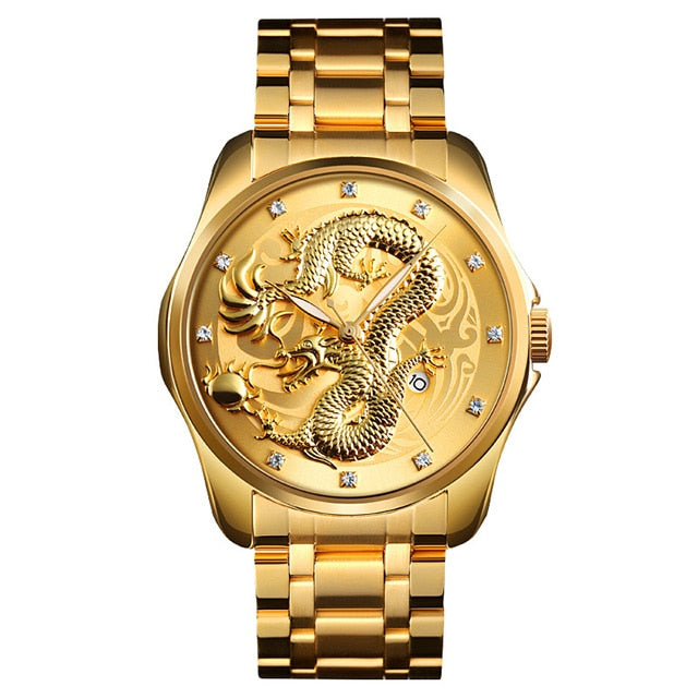 2020 SKMEI lujo dragón chino patrón hombres reloj de cuarzo dorado relojes masculinos relojes de pulsera impermeables Relogio Masculino 9193