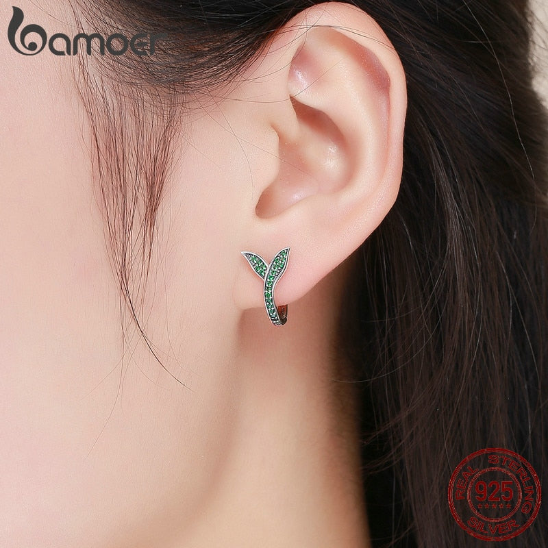 BAMOER 100% 925 Sterling Silver Spring Collection Flower Buds Green CZ Hoop Earrings for Women Sterling Silver Jewelry SCE295