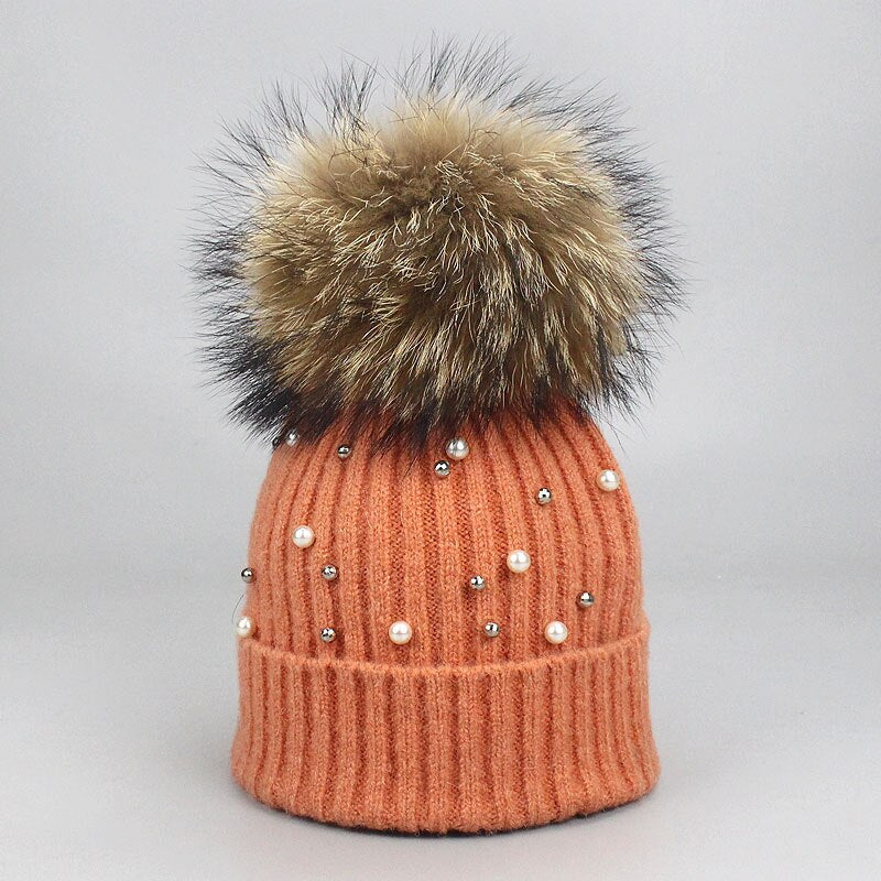 New Wool Beanies Women Real Natural Fur Pom Poms Fashion Pearl Knitted Hat Girls Female Beanie Cap Pompom Winter Hats for Women