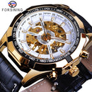 Forsining Waterproof Golden Black Skeleton Clock Two Button Decoration Mechanical Wrist Watches for Men Black Genuine Leather
