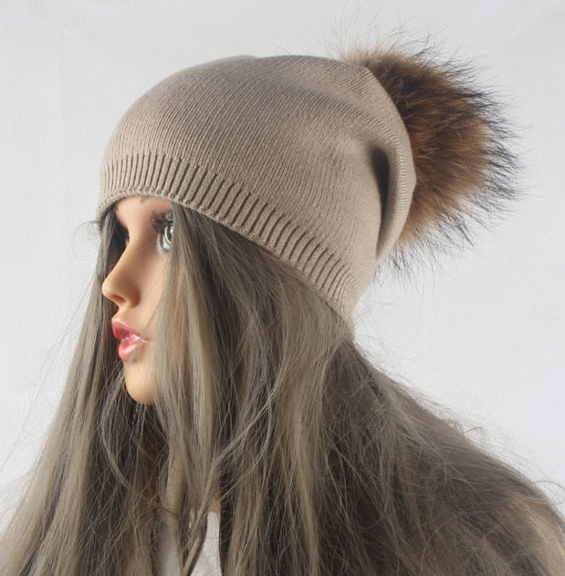 Autumn Winter Pompom Beanie Hat Women Wool Knitted Skullies Beanies Casual Female Cashmere Cap Real Raccoon Fur Pompom Hat