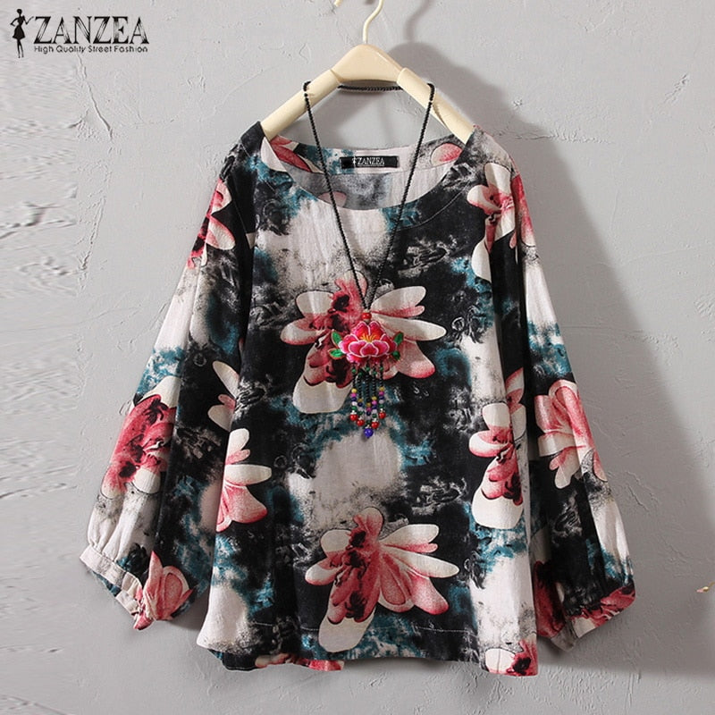 ZANZEA 2022 Autumn Women Casual Long Sleeve Vintage Floral Printed Blouse Loose Retro Shirt Cotton Linen Top Party Work Blusas