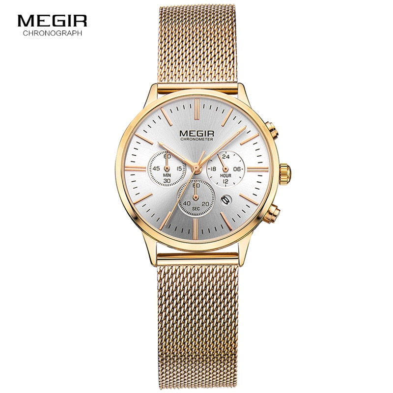 Megir Damen Chronograph Leuchtzeiger Datumsanzeige Edelstahl Mesh Armband Quarz Armbanduhren Lady Rose Gold M2011L-1