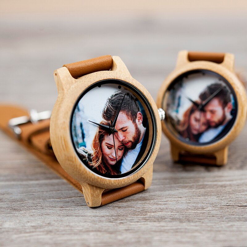 Relojes fotográficos personalizados creativos para hombres y mujeres, reloj de madera de bambú personalizado con impresión UV para pareja, novio, aniversario