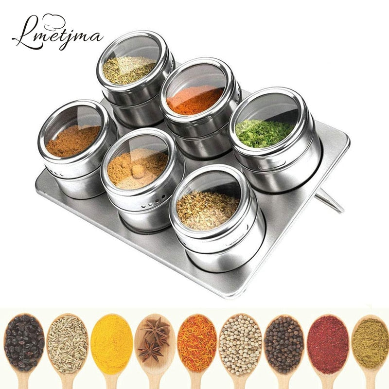 LMETJMA Magnetic Spice Jars with Spice Rack 304 Stainless Steel Spice Tins Spice Storage Jar Tins Pepper Seasoning Shakers Jars