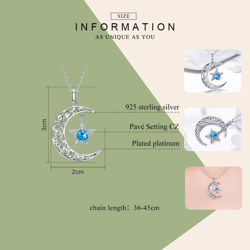 BAMOER Romantic 925 Sterling Silver Sparkling Moon And Star Necklaces Pendants for Women Fashion Necklace Jewelry Gift SCN278