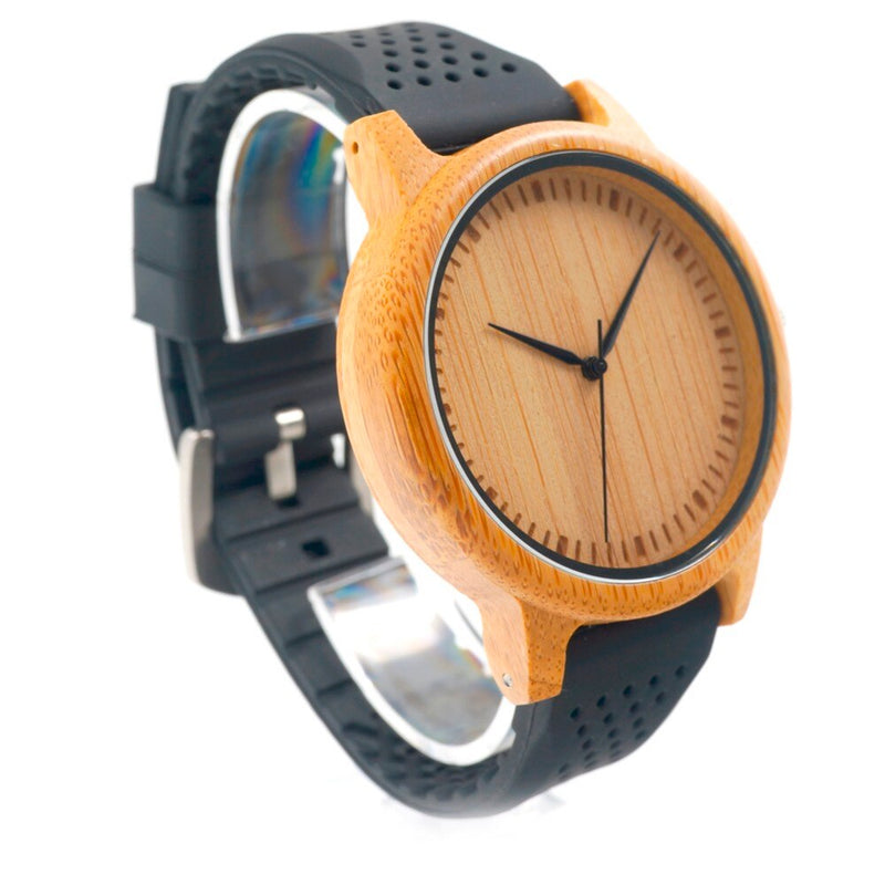 BOBO VOGEL Mode-Mann-Uhr-einfache Art-hölzerne Bambusarmbanduhr-weiches Silikon-Bügel-Extraband als Geschenk Heißer Verkauf