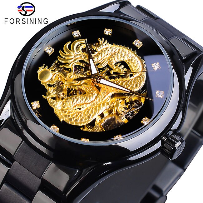 Forsining Classic Dragon Design Silver Stainless Steel Diamond Display Men Automatic Wrist Watches Top Brand Luxury Montre Homme