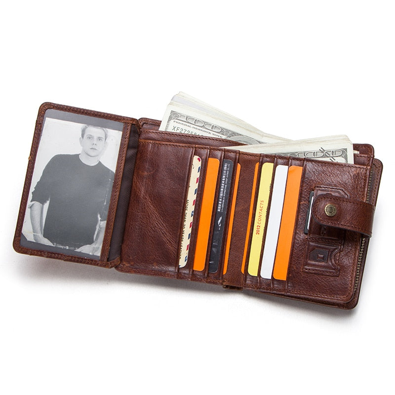 Cartera Vintage RFID de cuero genuino para hombre con monedero, carteras cortas, cartera pequeña con cremallera y tarjeteros, monedero para hombre