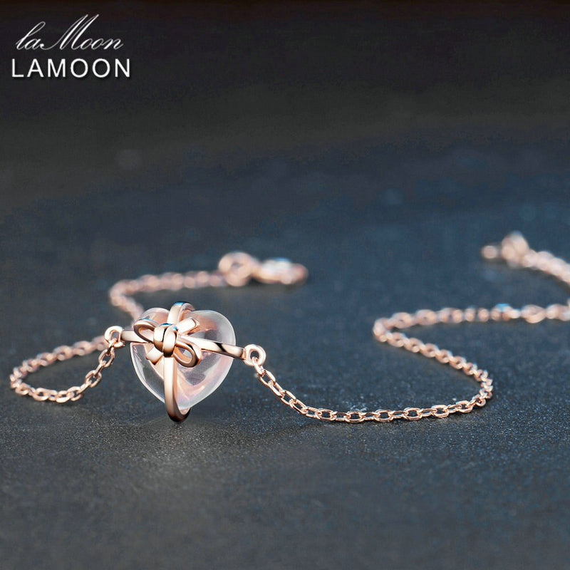 LAMOON 925 sterling silver Bracele For Women Heart Bracelet Rose Quartz Gemstone 18K Rose Gold Plated Fine Jewelry LMHI047