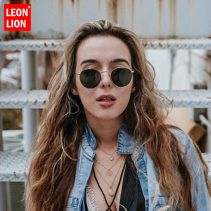 Gafas de sol LeonLion clásicas de aleación redonda para mujer, gafas de sol de diseñador de marca, gafas de sol con montura pequeña, gafas de sol de Metal Vintage para mujer