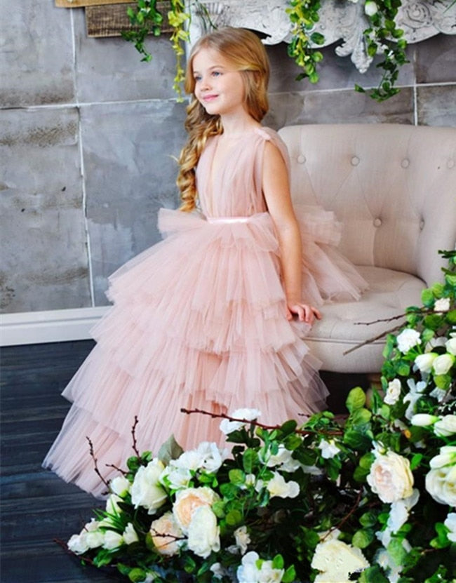 New Coming Tiered Tulle Princess Dress Ankle -Length Sleeveless Custom Made Kids Prom Dress Ruffles Long Pageant Gowns Vestidos