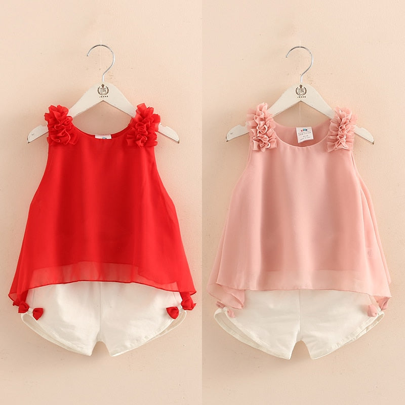 2023 Casual Cute 2 3-4 6 8 10 Years Solid Color Bow Flower Sleeveless T-shirt+Shorts 2 Pcs Baby Kids Girls Summer Clothing Set