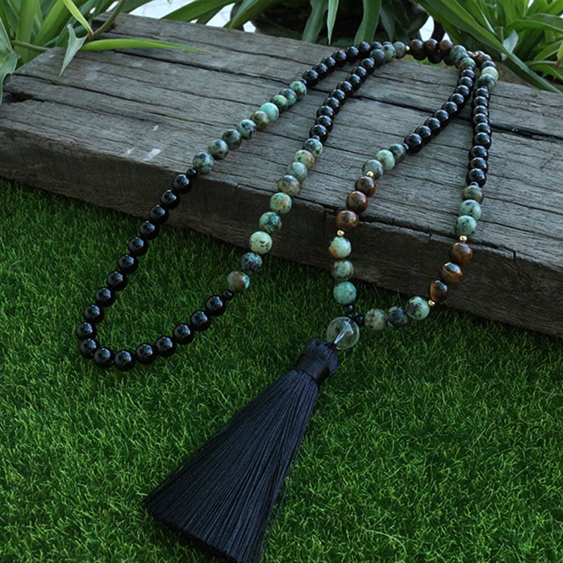 8mm African Turquoise And Onyx Beads Necklace, Confidence And Lucky JapaMala, 108 Bead Mala, Mala Jewelry, Mala Prayer Beads