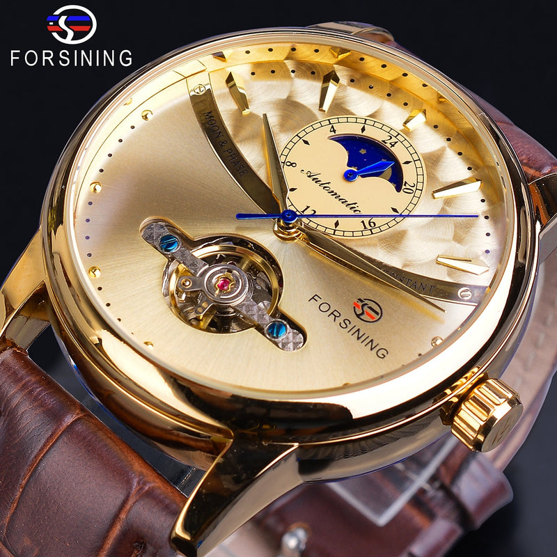 Forsining Mondphase Automatikuhr Royal Herren Golden Wasserdicht Mechanische Armbanduhr Casual Echtleder Tourbillon Uhr