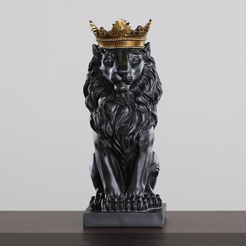 Estatua de Animal de resina moderna, estatuilla de león negro con corona dorada para decoración del hogar, accesorios para el escritorio de la sala de estar, decoración del hogar