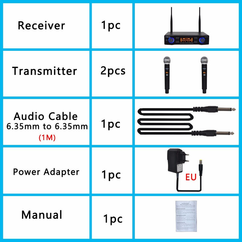 Lomeho 2 Handheld Mic UHF Frequencies Dynamic Capsule 2 Channels Wireless Microphone for Karaoke System LO-U02