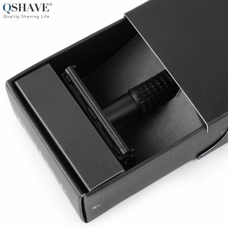 Qshave IT Matte Black Steel Coating Safety Razor Long Handle Butterfly Open Classic Safety Razor 11.4 x 4.3 weishi with 5 blades