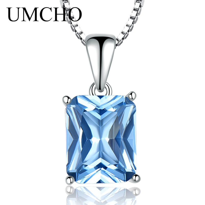 UMCHO Gemstone Nano Blue Topaz Pendants Necklaces for Women Brand Fine Jewelry Genuine 925 Sterling Silver Square Party Jewelry