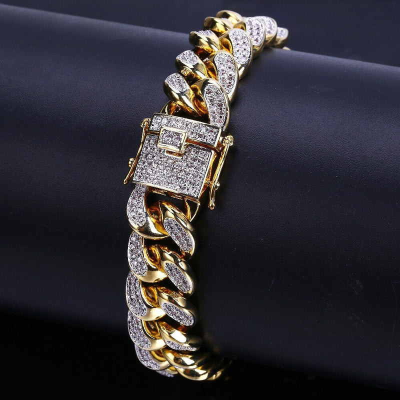 TOPGRILLZ Hip Hop Male Jewelry Bracelet Copper Iced Out Gold Color Plated CZ Stone 14mm Chain Bracelets With 7" 8" Two sizes