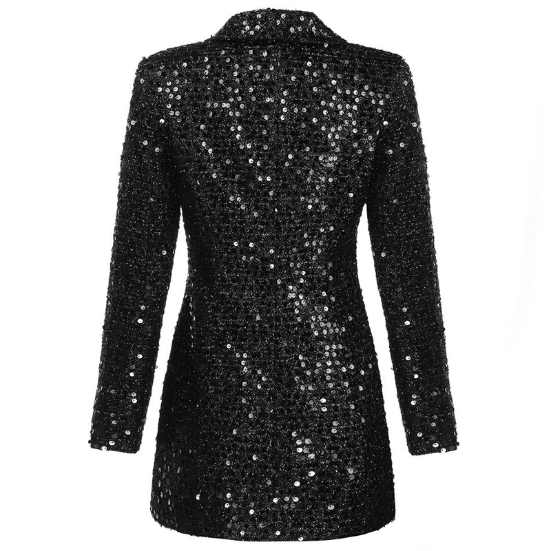 Chaqueta de diseñador de moda de alta calidad 2021 para mujer, doble botón de León, chal, cuello, lentejuelas brillantes, chaquetas negras largas de pasarela