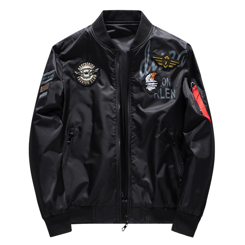Male Bomber Jacket Men Army Military Pilot Jacket Badge Embroidery Baseball Jacket Double Sided Motorcycle Coat Big Size 5XL 6XL