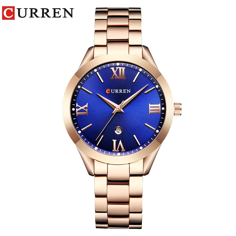 Marca CURREN, reloj de acero para mujer, vestido de lujo para mujer, reloj de pulsera de cuarzo a la moda, pulsera clásica de cristal dorado, reloj para mujer