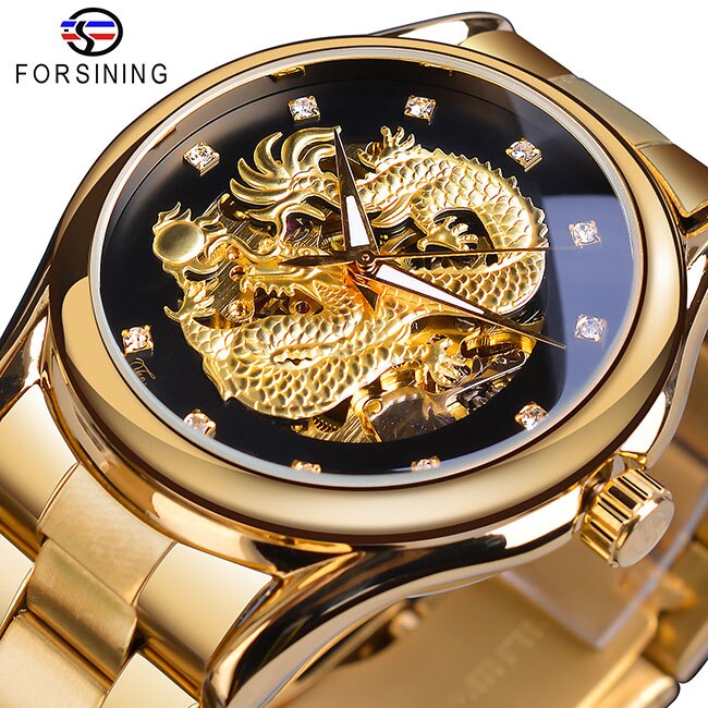 Forsining Classic Dragon Design Silver Stainless Steel Diamond Display Men Automatic Wrist Watches Top Brand Luxury Montre Homme