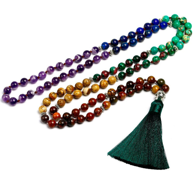 7 Chakra Mala 108 Perlen Naturstein Lange Quaste Halskette Frauen Meditation Halskette Geknotete Perle Yoga Halsketten Schmuck