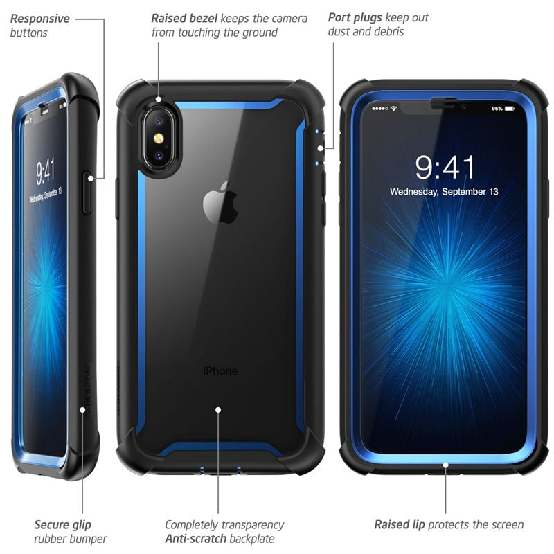 Für iPhone X Xs Hülle 5,8 Zoll Original i-Blason Ares Serie Ganzkörper-Rugged Clear Bumper Case mit integrierter Displayschutzfolie