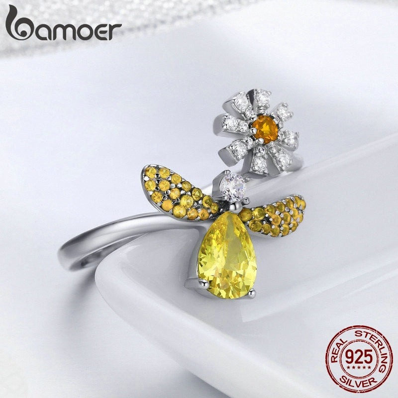 BAMOER 100% Authentic 925 Sterling Silver Fashion Bee with Daisy Flower Open Size Finger Ring for Women Party Jewelry SCR348