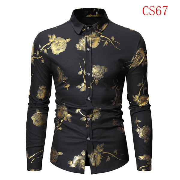 Herren Gold Rose Blumendruck Hemden Marke Floral Steampunk Chemise Weiß Langarm Hochzeit Party Bronzing Camisa Masculina