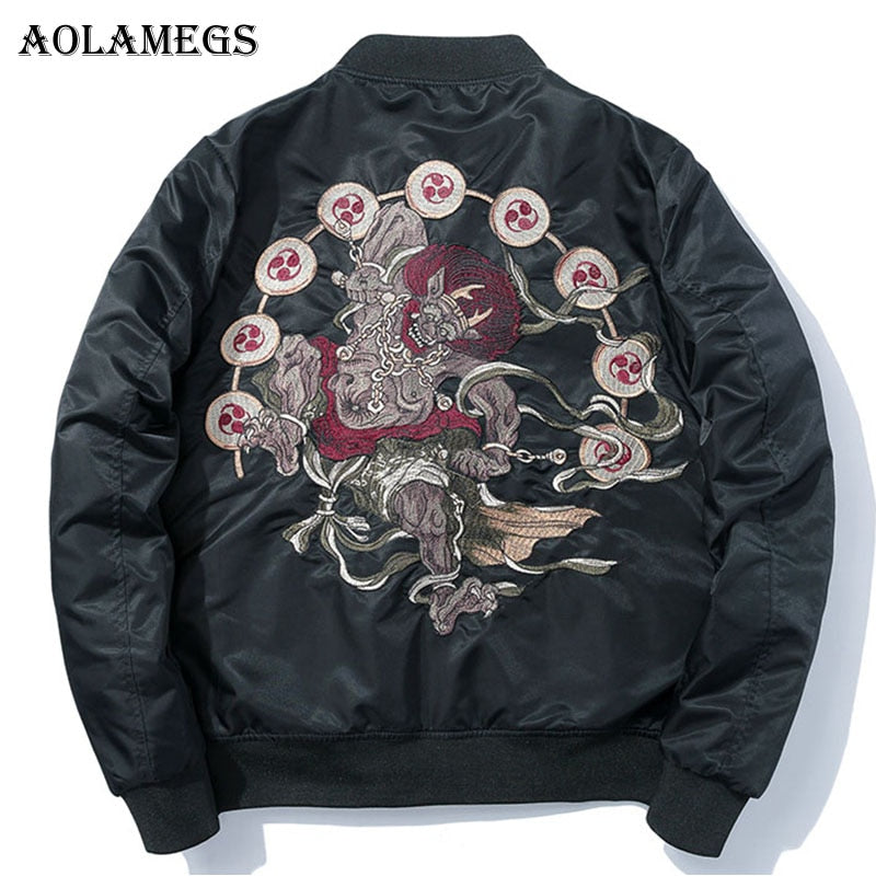 Aolamegs Chaquetas Hombres Japonés Bordado MA1 Chaqueta Chándal Abrigos Hip Hop Stand Collar Casual Cozy Male Windbreaker Streetwear