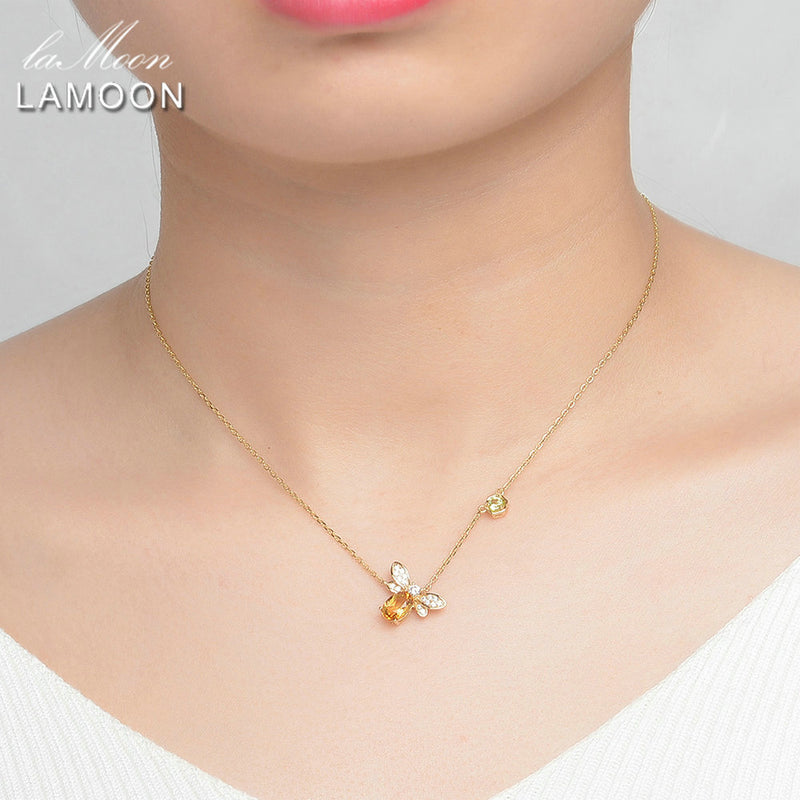 LAMOON Bee 925 Sterling Silver Necklace Natural Citrine Gemstone Necklaces 14K Real Gold Plated Chain Pendant Jewelry LMNI015