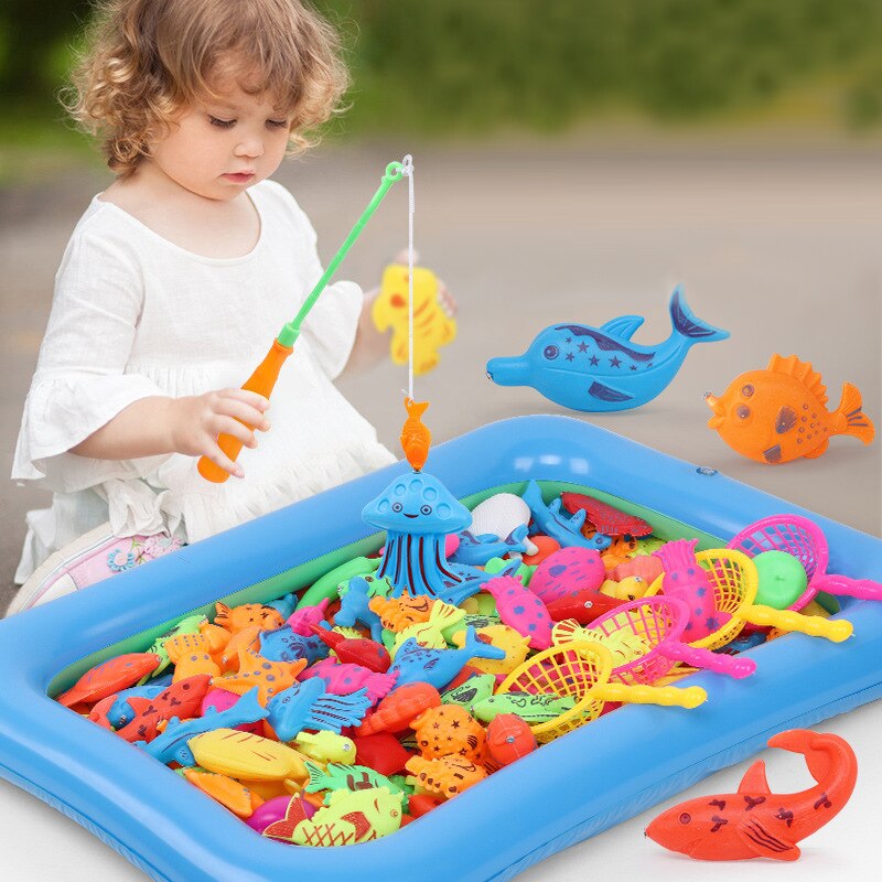 46pcs/Set Children's Magnetic Fishing Toy With Inflatable Pool Parent-Child Interactive Game Baby Bath Toys Summer Outdoor Toy