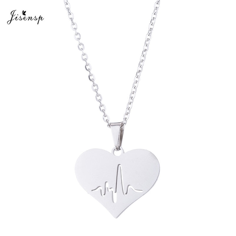 Jisensp Ecg Heartbeat Necklace Love Heart Necklaces Pendants for Women Gold Stainless Steel Jewelry Earrings Doctor Accessories