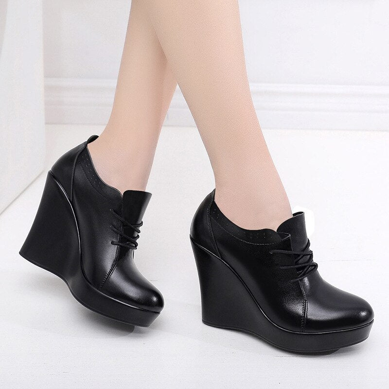 GKTINOO Lace Up Wedges Shoes for Women 2022 Autumn Platform Pumps Woman High Heels Black Office Shoes Ladies Plus Size 33-41