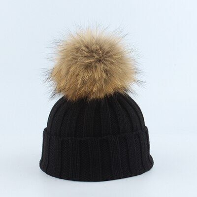 Gorro con pompón de piel auténtica para niños, gorro de punto cálido y bufanda, gorro de invierno para niños y niñas