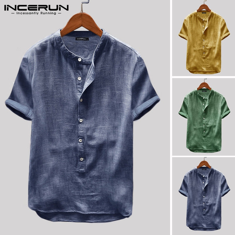 INCERUN 2022 Breathable Mens Shirt Button Up Loose Short Sleeve Solid Color Pullovers Harajuku Vintage Casual Shirt Men Camisa