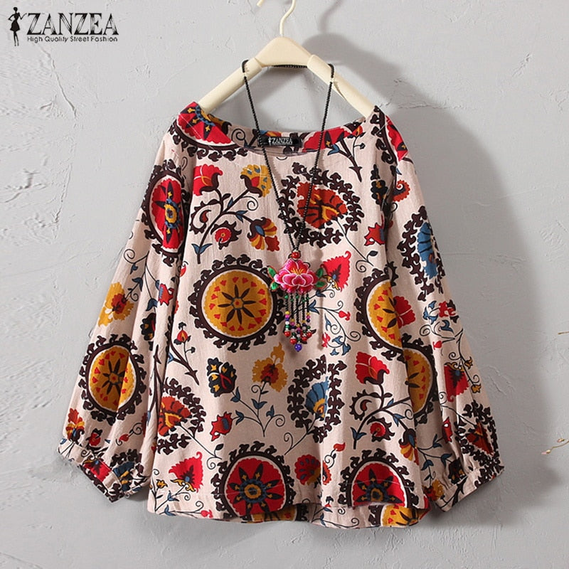 ZANZEA 2022 Autumn Women Casual Long Sleeve Vintage Floral Printed Blouse Loose Retro Shirt Cotton Linen Top Party Work Blusas