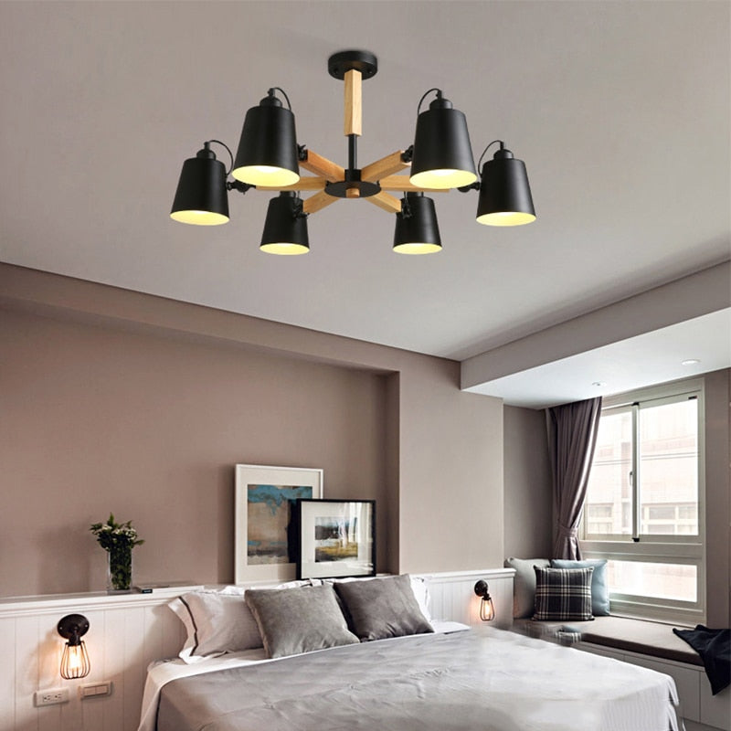 Nordic wood ceiling chandelier adjustable E27 LED chandelier dining room living room bedroom hotel apartment with free bulb